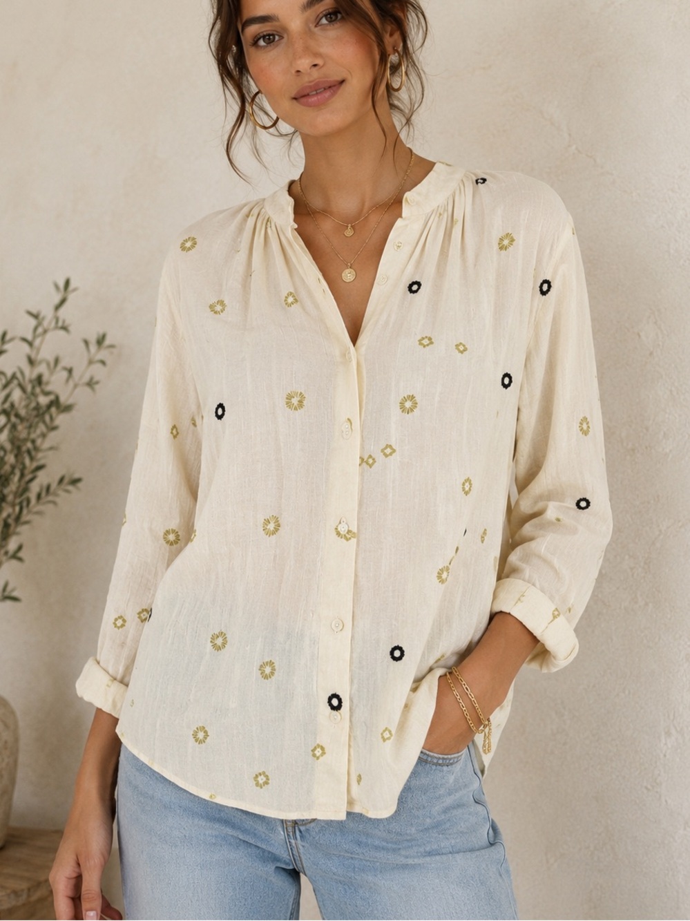 Closed Cotton Geo Print Embroidered Long Sleeve Button Up Top Boho Cottage Sz M